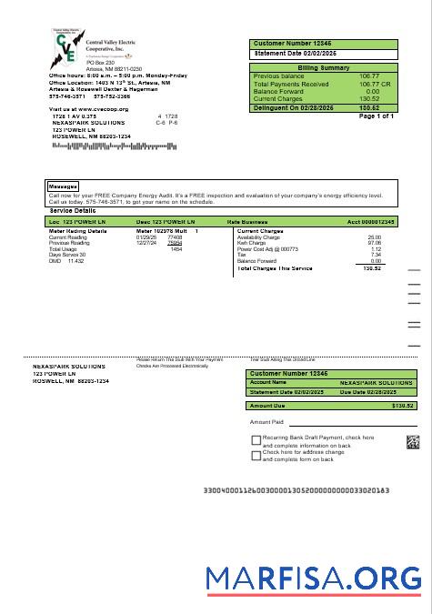 Downloadable USA New Mexico electricity proof of address business utility bill template in Word and PDF formats